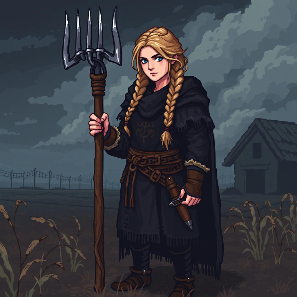 A female farmer Viking sprite inspired by Floki, designed in 5th generation pixel graphics style, depicted in a dark and gloomy aesthetic