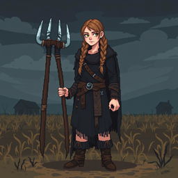 A female farmer Viking sprite inspired by Floki, designed in 5th generation pixel graphics style, depicted in a dark and gloomy aesthetic