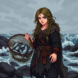A female fisher Viking sprite designed in 5th generation pixel graphics style, portrayed in a dark and gloomy aesthetic