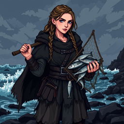 A female fisher Viking sprite designed in 5th generation pixel graphics style, portrayed in a dark and gloomy aesthetic