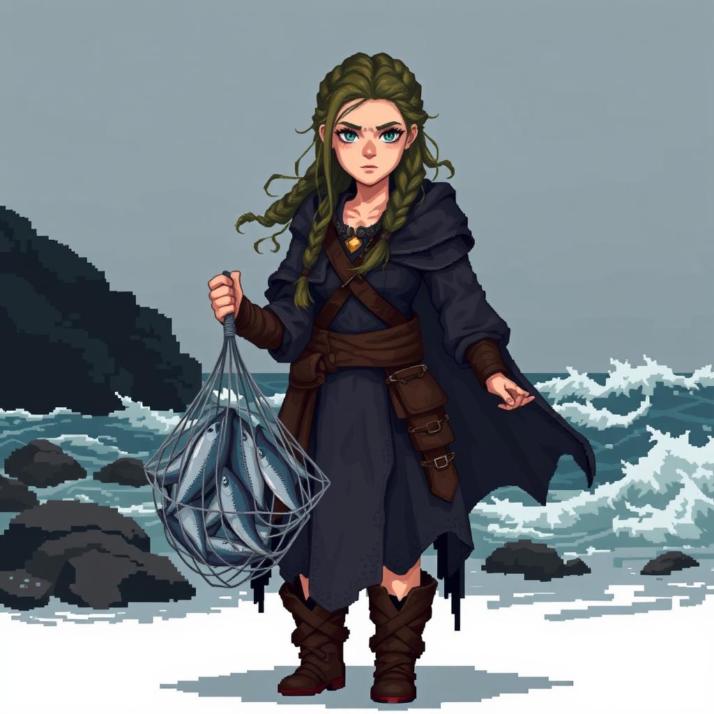 A female fisher Viking sprite designed in 5th generation pixel graphics style, portrayed in a dark and gloomy aesthetic
