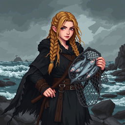 A female fisher Viking sprite designed in 5th generation pixel graphics style, portrayed in a dark and gloomy aesthetic