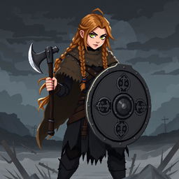 A female Viking shield maiden sprite designed in 5th generation pixel graphics style, depicted in a dark and gloomy aesthetic