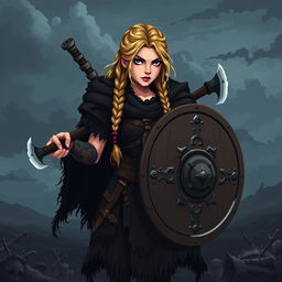 A female Viking shield maiden sprite designed in 5th generation pixel graphics style, depicted in a dark and gloomy aesthetic
