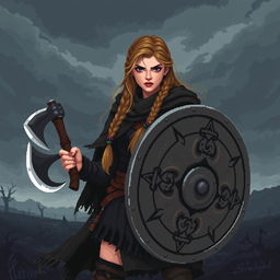 A female Viking shield maiden sprite designed in 5th generation pixel graphics style, depicted in a dark and gloomy aesthetic