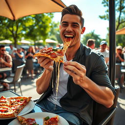 A dynamic and lively scene of a famous football player resembling Cristiano Ronaldo, sitting at a stylish outdoor café, joyfully eating a large slice of delicious pizza