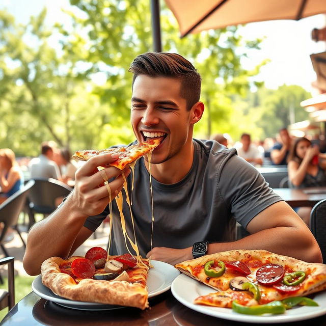 A dynamic and lively scene of a famous football player resembling Cristiano Ronaldo, sitting at a stylish outdoor café, joyfully eating a large slice of delicious pizza