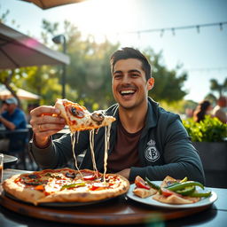 A dynamic and lively scene of a famous football player resembling Cristiano Ronaldo, sitting at a stylish outdoor café, joyfully eating a large slice of delicious pizza