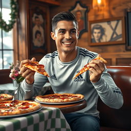 A scene depicting a famous soccer player, Cristiano Ronaldo, enjoying a delicious pizza in a casual setting