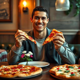 A scene depicting a famous soccer player, Cristiano Ronaldo, enjoying a delicious pizza in a casual setting