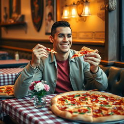 A scene depicting a famous soccer player, Cristiano Ronaldo, enjoying a delicious pizza in a casual setting