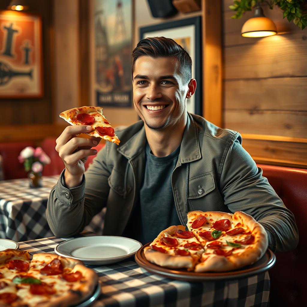 A scene depicting a famous soccer player, Cristiano Ronaldo, enjoying a delicious pizza in a casual setting