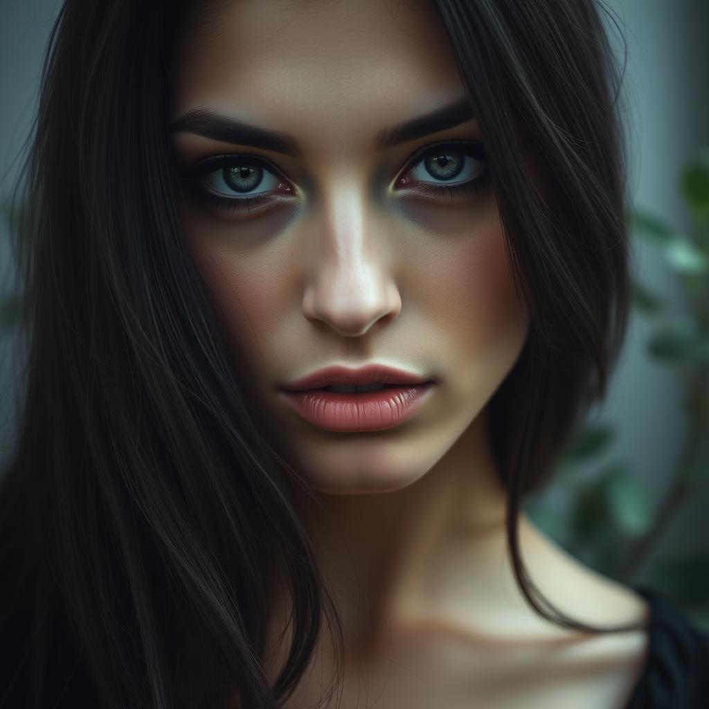 a close-up portrait of a mysterious woman with a closed mouth, her expression captivating yet enigmatic