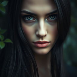a close-up portrait of a mysterious woman with a closed mouth, her expression captivating yet enigmatic