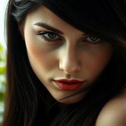 a close-up portrait of a mysterious woman with a closed mouth, her expression captivating yet enigmatic