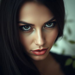 a close-up portrait of a mysterious woman with a closed mouth, her expression captivating yet enigmatic