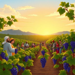 An illustration depicting the Parable of the Workers in the Vineyard, featuring an idyllic vineyard landscape under a bright sky