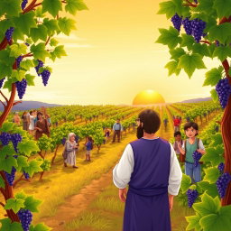 An illustration depicting the Parable of the Workers in the Vineyard, featuring an idyllic vineyard landscape under a bright sky