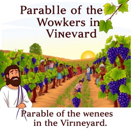 An illustration depicting the Parable of the Workers in the Vineyard, featuring an idyllic vineyard landscape under a bright sky