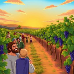 An illustration depicting the Parable of the Workers in the Vineyard, featuring an idyllic vineyard landscape under a bright sky