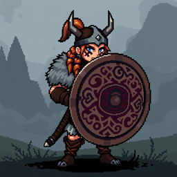 A strong female Viking shield maiden sprite, designed in vibrant, detailed 5th generation pixel graphics style