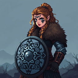 A strong female Viking shield maiden sprite, designed in vibrant, detailed 5th generation pixel graphics style