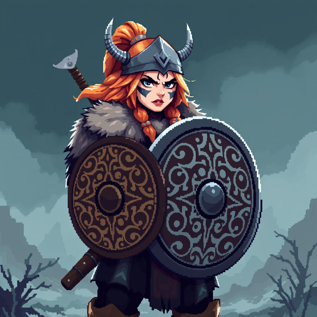 A strong female Viking shield maiden sprite, designed in vibrant, detailed 5th generation pixel graphics style