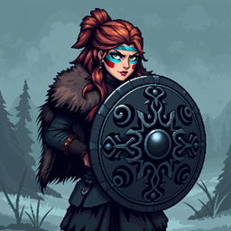A strong female Viking shield maiden sprite, designed in vibrant, detailed 5th generation pixel graphics style