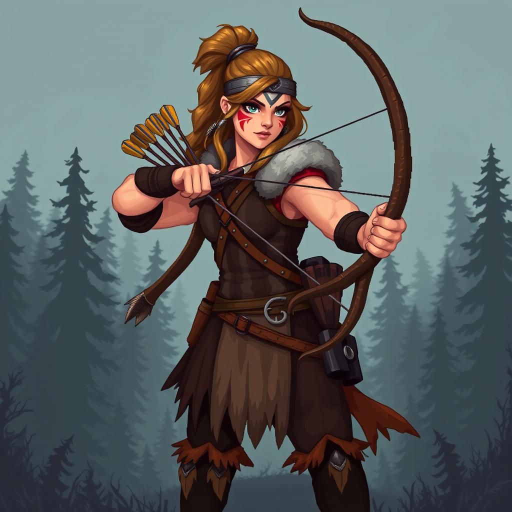 A strong, muscular female Viking archer sprite, designed in vibrant and detailed 5th generation pixel graphics style