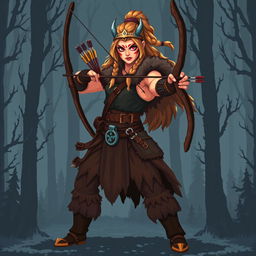 A strong, muscular female Viking archer sprite, designed in vibrant and detailed 5th generation pixel graphics style
