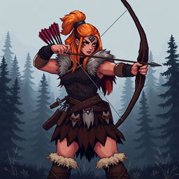 A strong, muscular female Viking archer sprite, designed in vibrant and detailed 5th generation pixel graphics style