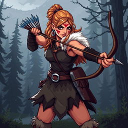 A strong, muscular female Viking archer sprite, designed in vibrant and detailed 5th generation pixel graphics style