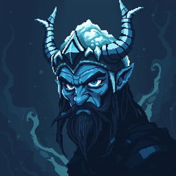Loki, the frost giant Viking god, depicted in a gloomy and atmospheric pixel art style reminiscent of an animated Avatar