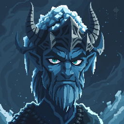Loki, the frost giant Viking god, depicted in a gloomy and atmospheric pixel art style reminiscent of an animated Avatar