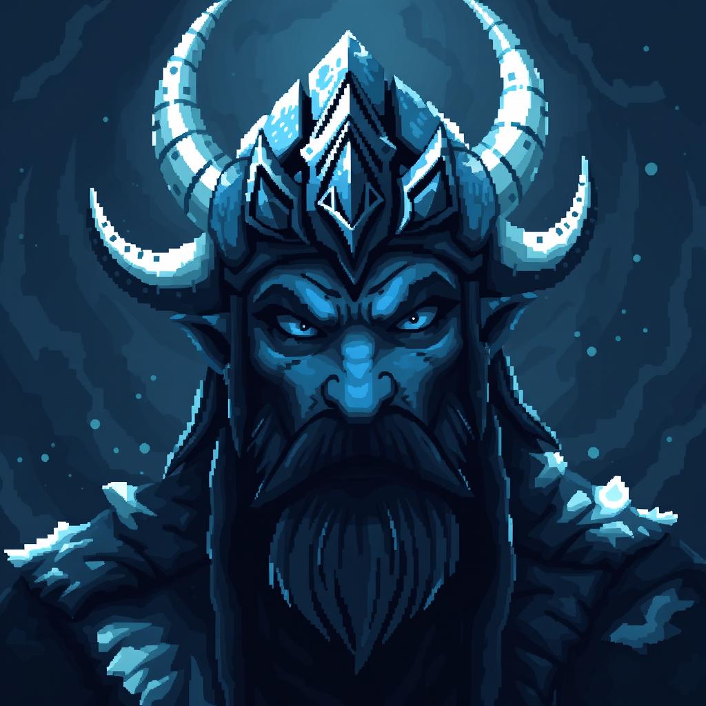 Loki, the frost giant Viking god, depicted in a gloomy and atmospheric pixel art style reminiscent of an animated Avatar