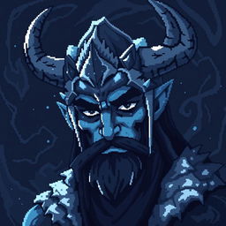 Loki, the frost giant Viking god, depicted in a gloomy and atmospheric pixel art style reminiscent of an animated Avatar
