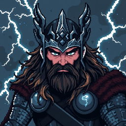 Thor, the Viking god of thunder, depicted in a gloomy and atmospheric pixel art style reminiscent of an animated Avatar