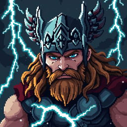 Thor, the Viking god of thunder, depicted in a gloomy and atmospheric pixel art style reminiscent of an animated Avatar