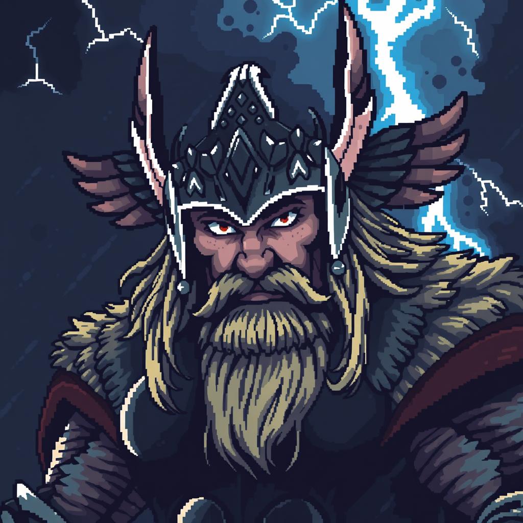 Thor, the Viking god of thunder, depicted in a gloomy and atmospheric pixel art style reminiscent of an animated Avatar