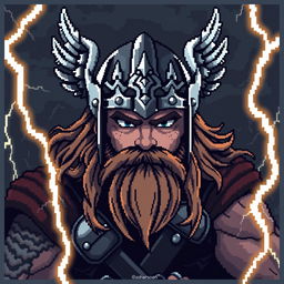 Thor, the Viking god of thunder, depicted in a gloomy and atmospheric pixel art style reminiscent of an animated Avatar