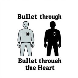 A stylized illustration of the iconic man figure used in traffic or warning signs, depicted with a bullet hole through the heart area, conveying a sense of shock and impact