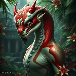 A yuan-ti pureblood with an intricate design of red, white, and green scales, prominently featuring scales on the cheeks