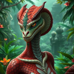A yuan-ti pureblood with an intricate design of red, white, and green scales, prominently featuring scales on the cheeks