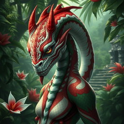 A yuan-ti pureblood with an intricate design of red, white, and green scales, prominently featuring scales on the cheeks