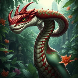 A yuan-ti pureblood with an intricate design of red, white, and green scales, prominently featuring scales on the cheeks
