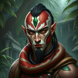 A yuan-ti pureblood man characterized by red, white, and green scales, especially accentuated on his cheeks