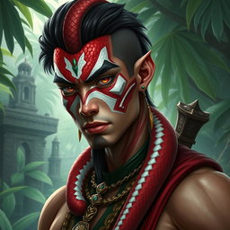 A yuan-ti pureblood man characterized by red, white, and green scales, especially accentuated on his cheeks