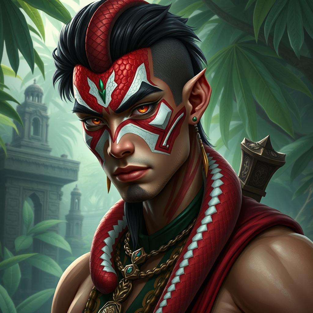 A yuan-ti pureblood man characterized by red, white, and green scales, especially accentuated on his cheeks