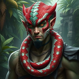 A yuan-ti pureblood man characterized by red, white, and green scales, especially accentuated on his cheeks