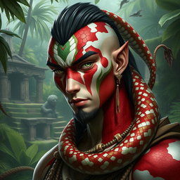 A yuan-ti pureblood man characterized by red, white, and green scales, especially accentuated on his cheeks